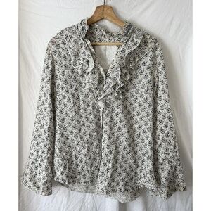 Cino Cream Tan Boho Ruffle Button Down Shirt Large Beachy Career